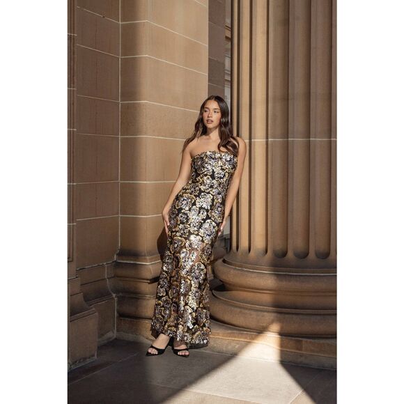 Elliatt Celeste Strapless Gown in Black & Gold wedding Guest Cocktail size S NWT - Picture 1 of 9